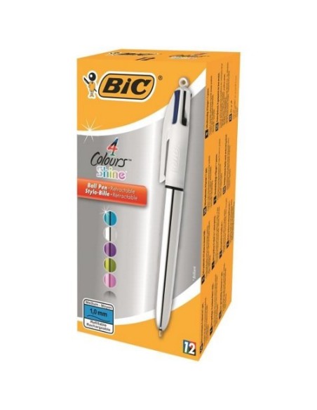 BOLIGRAFO 4 COLORES SHINE PUNTA FINA COLOR PLATA AZUL/NEGRO/ROJO Y VERDE BIC 982873 (x12 unidades)
