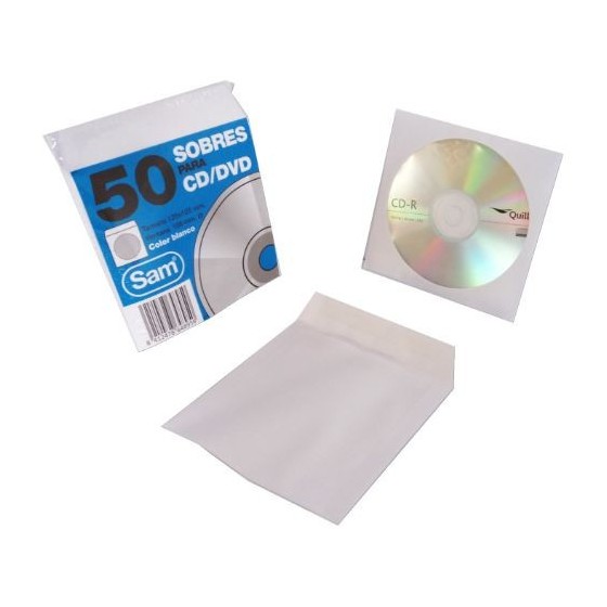 PAQUETE 50 SOBRES PARA CD / DVDS. BLANCO 90 GRS. VENTANA PLASTIC0 108 DIAMETRO 125X125 ENGOMADO AUTOADHESIVO SAM 664897