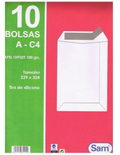 PAQUETES DE 10 BOLSAS BLANCAS, CON TIRA DE SILICONA TAMAÑO 229X324 100 GRS. SAM 665105