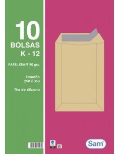 PAQUETES DE 10 BOLSAS KRAFT, CON TIRA DE SILICONA TAMAÑO 250X353 90 GRS. SAM 665101
