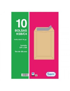 PAQUETES DE 10 BOLSAS KRAFT, CON TIRA DE SILICONA TAMAÑO 229X324 90 GRS. SAM 665100