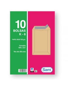 PAQUETES DE 10 BOLSAS KRAFT, CON TIRA DE SILICONA TAMAÑO 184X261 80 GRS. SAM 665099