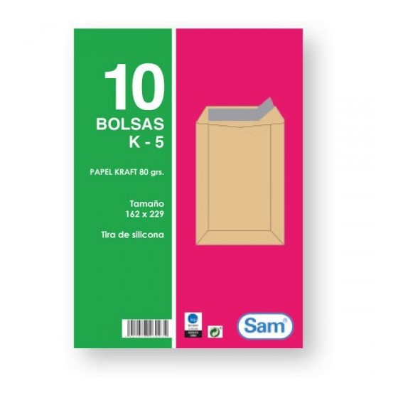 PAQUETES DE 10 BOLSAS KRAFT, CON TIRA DE SILICONA TAMAÑO 162X229 80 GRS. SAM 665098