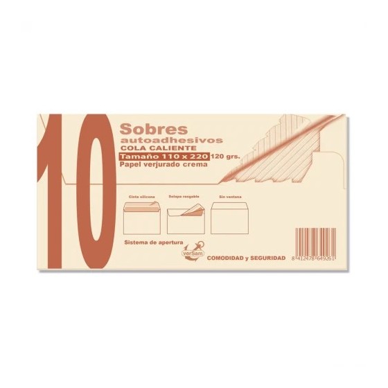PAQUETES DE 10 SOBRES CREMA VERJURADO 110X220 120 GRS. SAM 664926