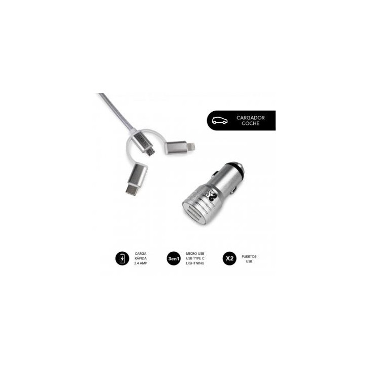 SUBBLIM Cargador Coche 2xUSB Dual Car Charger Alum 2.4A + Cable 3 in 1 Silver