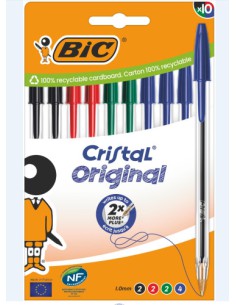 BLISTER CARTÓN 10 BOLIGRAFOS CRISTAL CON CUERPO TRANSPARENTE TRAZO 0,4MM. COLORES SURTIDOS BIC 516354