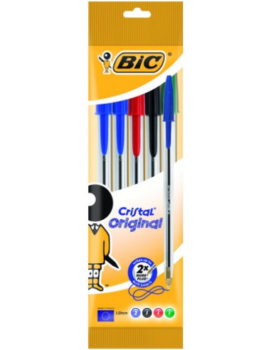 BOLSA 5 BOLIGRAFOS CRISTAL CON CUERPO TRANSPARENTE TRAZO 0,4MM. COLORES SURTIDOS (2A+1N+1R+1V) BIC 802054