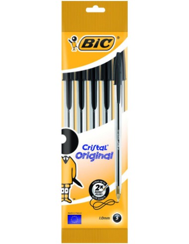 BOLSA 5 BOLIGRAFOS CRISTAL CON CUERPO TRANSPARENTE TRAZO 0,4MM. NEGRO BIC 802051