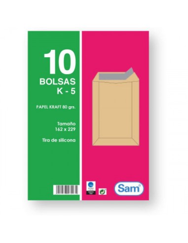 PAQUETES DE 10 BOLSAS KRAFT, CON TIRA DE SILICONA TAMAÑO 162X229 80 GRS. SAM 665098