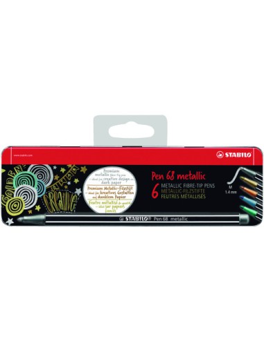 ESTUCHE DE METAL 6 UNIDADES COLORES METALICOS PUNTA MEDIA 1,4MM. PEN 68 CON COLGADOR STABILO 6806/8-31
