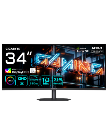 GIGABYTE MO34WQC36 Monitor Gaming Curvo 34” WQHD - 3440 x 1440, 360Hz, 0.03ms, KVM, 300 cd/m², FreeSync Premium Pro, DisplayHDR 