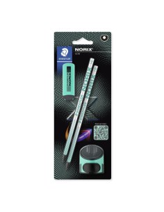 BLISTER CON 2 LÁPICES DE GRAFITO NORIX HB, AFILALÁPICES Y GOMA TURQUESA STAEDTLER 181 SBK2-3