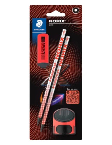 BLISTER CON 2 LÁPICES DE GRAFITO NORIX HB, AFILALÁPICES Y GOMA ROJO STAEDTLER 181 SBK2-2