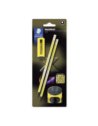 BLISTER CON 2 LÁPICES DE GRAFITO NORIX HB, AFILALÁPICES Y GOMA AMARILLO STAEDTLER 181 SBK2-1