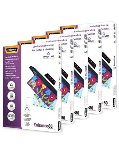 PACK 500 FUNDAS PLASTIFICAR 80 MICRAS BRILLO A4 (216X303 MM) FELLOWES 100142462