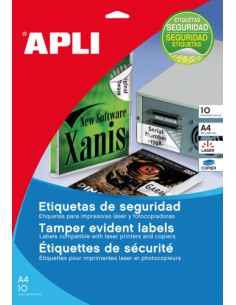PAQUETE 10 HOJAS A4 ETIQUETAS DE SEGURIDAD POLIESTER PLATA 45,7 X 21,2MM APLI 11272