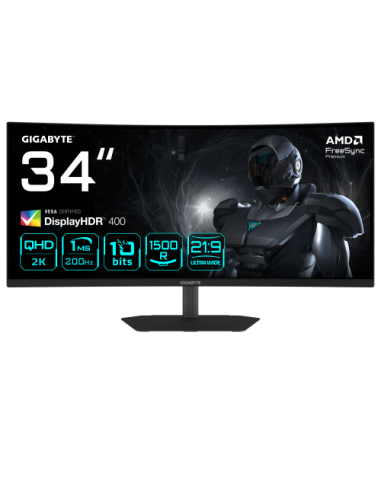 GIGABYTE G34WQC2 Monitor Gaming Curvo 34” WQHD - 3440 x 1440, 1500R, 200Hz, 1ms, 450 cd/m², AMD FreeSync Premium, DisplayHDR 400