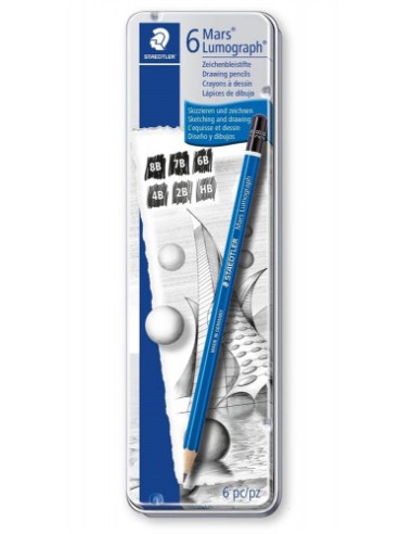 ESTUCHE DE METAL CON 6 LÁPICES, GRADUACIONES 8B, 7B, 6B, 4B, 2B, HB STAEDTLER 100 G6