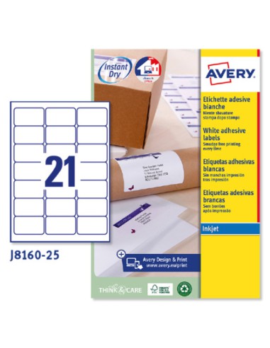 PAQUETE 25 HOJAS ETIQUETAS BLANCAS QUICK DRY-IMPRESORAS DE INYECCIÓN DE TINTA-63,5X38,1 MM AVERY J8160-25