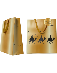 BOLSA DORADA PAPEL REYES MAGOS M (26x12x37 CM) CON TARJETA COLGANTE BISMARK 333672