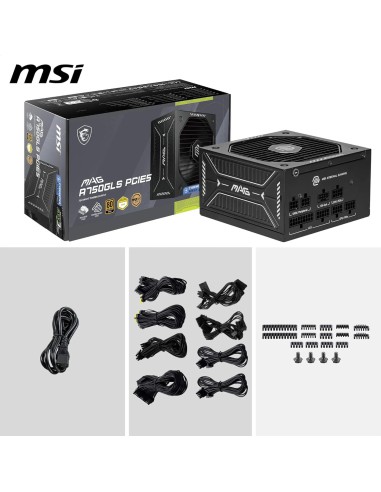 FUENTE ALIMENTACION MSI MAG A750GLS PCIE5,PSU,750W,80 PLUS GOLD,MODULAR,120MM,ACTIVE PFC,PCI-E 5.0 (16 PIN)X1,PCI-E (6+2 PIN)X4,