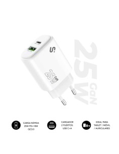 SUBBLIM Cargador GaN 25 W USB-C PD 3.0 + PPS & USB-A QC 3.0, Doble Puerto Rápido para tablets iPad Pro/Air/10/Mini, Galaxy Tab S
