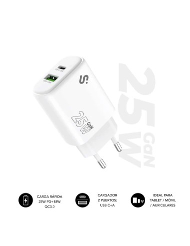 SUBBLIM Cargador GaN 25 W USB-C PD 3.0 + PPS & USB-A QC 3.0, Doble Puerto Rápido para tablets iPad Pro/Air/10/Mini, Galaxy Tab S