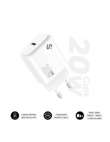 SUBBLIM Cargador USB-C GaN 20W , Power Delivery 3.0 & PPS, Enchufe Rápido para iPhone 16-12, iPad, Galaxy S24-S20, Pixel 9-6, Xi