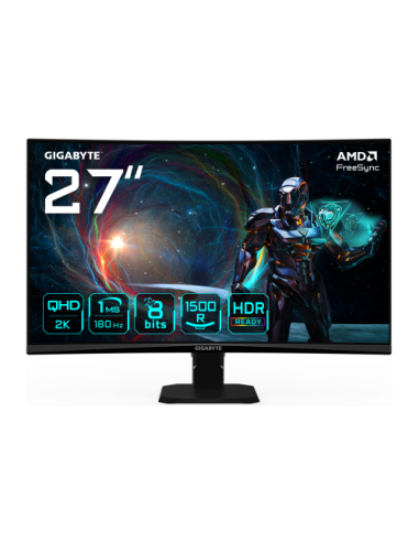 GIGABYTE GS27QCA 27" Monitor Curvo para Gaming QHD - 2560 x 1440, 180Hz, 1ms, 250 cd/m², FreeSync, HDR Ready, HDMI 2.0, DisplayP