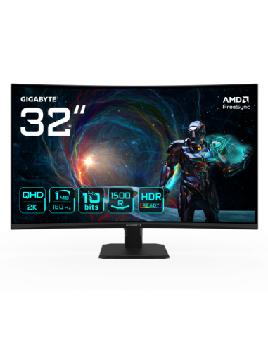 GIGABYTE GS32QCA 31.5" Monitor Curvo para Gaming QHD - 2560 x 1440, 180Hz, 1ms, 250 cd/m², FreeSync, HDR Ready, HDMI 2.0, Displa