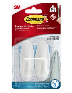 BLISTER 2 GANCHOS ADHESIVOS MEDIANOS HASTA 1,3KG BLANCO PARA BAÑO COMMAND 17081B 3M 7100121117