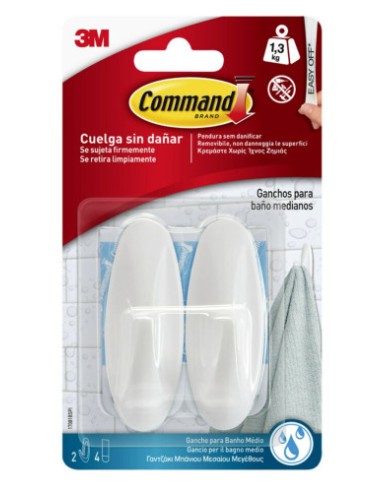 BLISTER 2 GANCHOS ADHESIVOS MEDIANOS HASTA 1,3KG BLANCO PARA BAÑO COMMAND 17081B 3M 7100121117