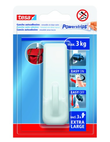 BLISTER GANCHO ADHESIVO XL RECTANGULAR POWERSTRIPS 3KG BLANCO TESA 59029-00001-00