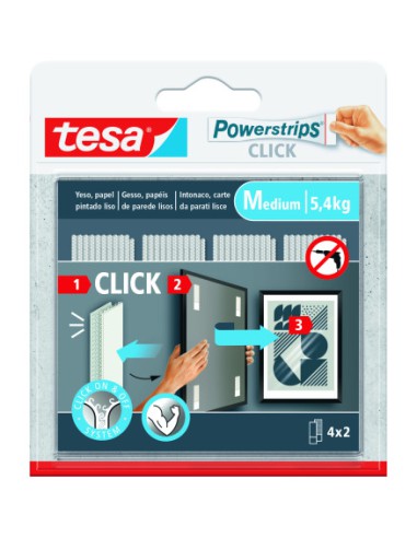 BLISTER TIRAS ADHESIVAS CUELGA OBJETOS POWERSTRIPS CLIK 5,4KG 4 PARES 80x20MM "M" TESA 77721-00001-00