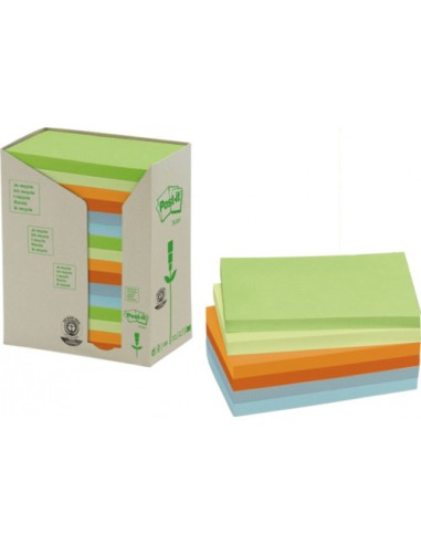 PACK 16 BLOCS 100 HOJAS NOTAS RECICLADAS ADHESIVAS 76X127MM COLORES SURTIDOS PASTEL 655-1RPT POST-IT 7100259665
