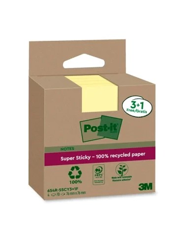 PACK 3+1 BLOCS 90 HOJAS NOTAS RECICLADAS ADHESIVAS 76X76MM SUPER STICKY AMARILLO PASTEL 654 RSSCY3+1F POST-IT 7100285105