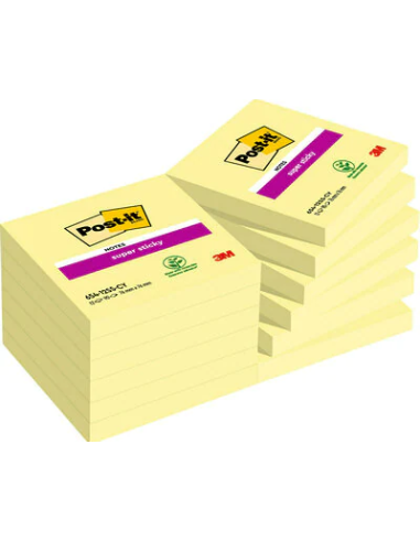 PACK 12 BLOCS 90 HOJAS NOTAS ADHESIVAS 76X76MM SUPER STICKY SIN ENCELOFANADO INDIVIDUAL 654-12SSCY-EU POST-IT 7100290155