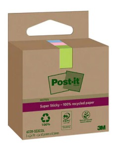 PACK 3 BLOCS 70 HOJAS NOTAS RECICLADAS ADHESIVAS 47,6X47,6MM SUPER STICKY COLORES SURTIDOS CAJA CARTÓN 622 RSS3COL POST-IT 71002