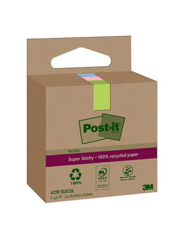 PACK 3 BLOCS 70 HOJAS NOTAS RECICLADAS ADHESIVAS 47,6X47,6MM SUPER STICKY COLORES SURTIDOS CAJA CARTÓN 622 RSS3COL POST-IT 71002