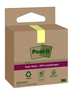 PACK 3 BLOCS 70 HOJAS NOTAS RECICLADAS ADHESIVAS 47,6X47,6MM SUPER STICKY AMARILLO PASTEL CAJA CARTÓN 622 RSS3CY POST-IT 7100284
