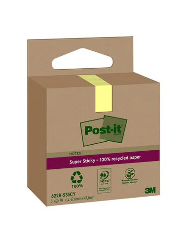 PACK 3 BLOCS 70 HOJAS NOTAS RECICLADAS ADHESIVAS 47,6X47,6MM SUPER STICKY AMARILLO PASTEL CAJA CARTÓN 622 RSS3CY POST-IT 7100284