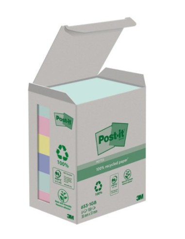PACK 6 BLOCS 100 HOJAS NOTAS RECICLADAS ADHESIVAS 38X51MM COLORES SURTIDOS CAJA CARTÓN 653-1GB POST-IT 7100259445
