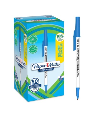 CAJA 50 BOLÍGRAFOS PAPER MATE KILOMÉTRICO PUNTA MEDIANA (1,0MM) TINTA AZUL 80% PLÁSTICO RECICLADO PAPER MATE 2187702