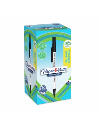 CAJA 50 BOLÍGRAFOS PAPER MATE KILOMÉTRICO PUNTA MEDIANA (1,0MM) TINTA NEGRA 80% PLÁSTICO RECICLADO PAPER MATE 2187701
