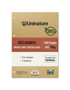 RECAMBIO RECICLADO A4 100 HOJAS 90GR CUADRICULA 4X4 MM CON TALADROS UNINATURE 53392700