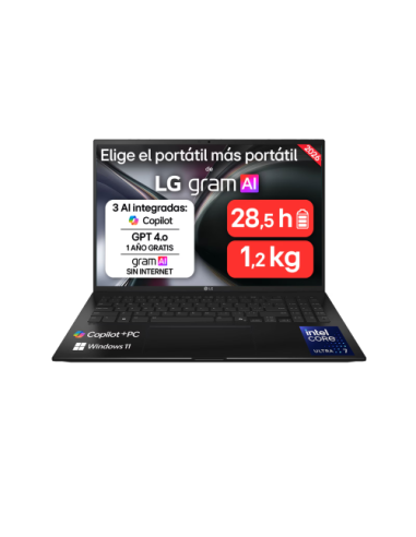 LG PORTÁTIL 16" GRAM 16Z90TL, COPILOT+ PC, WINDOWS 11 HOME, INTEL CORE ULTRA 7, 32 GB RAM, 512 GB SSD, PANEL IPS WQXGA (2560X160