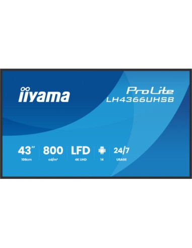 MONITOR IIYAMA 43" , UHD IPS PANEL, HAZE 1%, 800CD/M, HORIZ Y VERT, SIGNAL FAILOVER, MM 2X 10W, HDMI 2X, DP, USB 2.0 X2, WIFI, L
