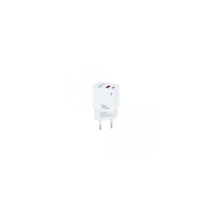 TooQ Cargador de Pared GaN USB-C/PD + USB-A/QC 30W, Blanco