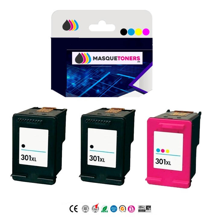 Pack 3 x Tinta Compatible HP 301 XL V4 2 NEGROS + 1 COLOR