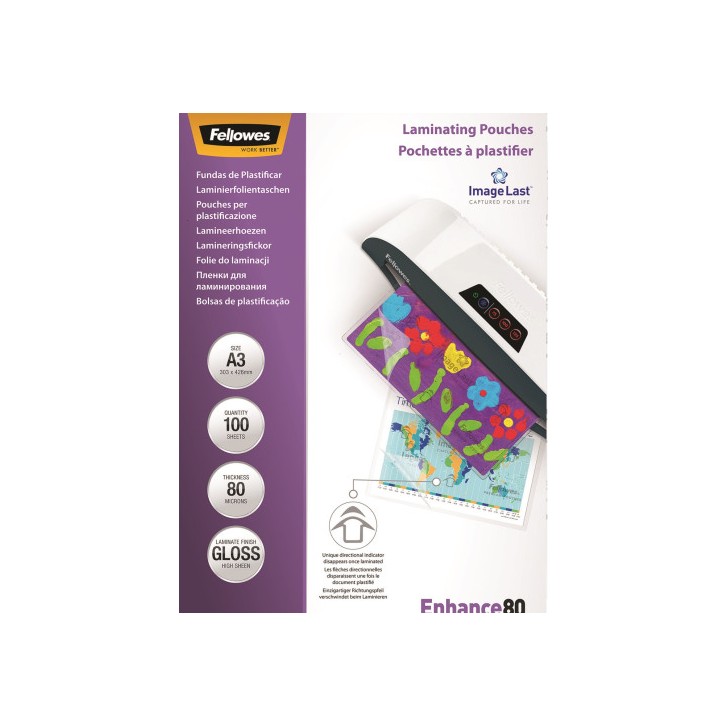 PACK 100 BOLSAS PLASTIFICACION 80 MICRAS A3 303X426 FELLOWES 5306207